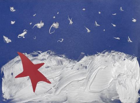 Snowy Day Painting blue background with white puff paint snow mounds and child in red snow suit